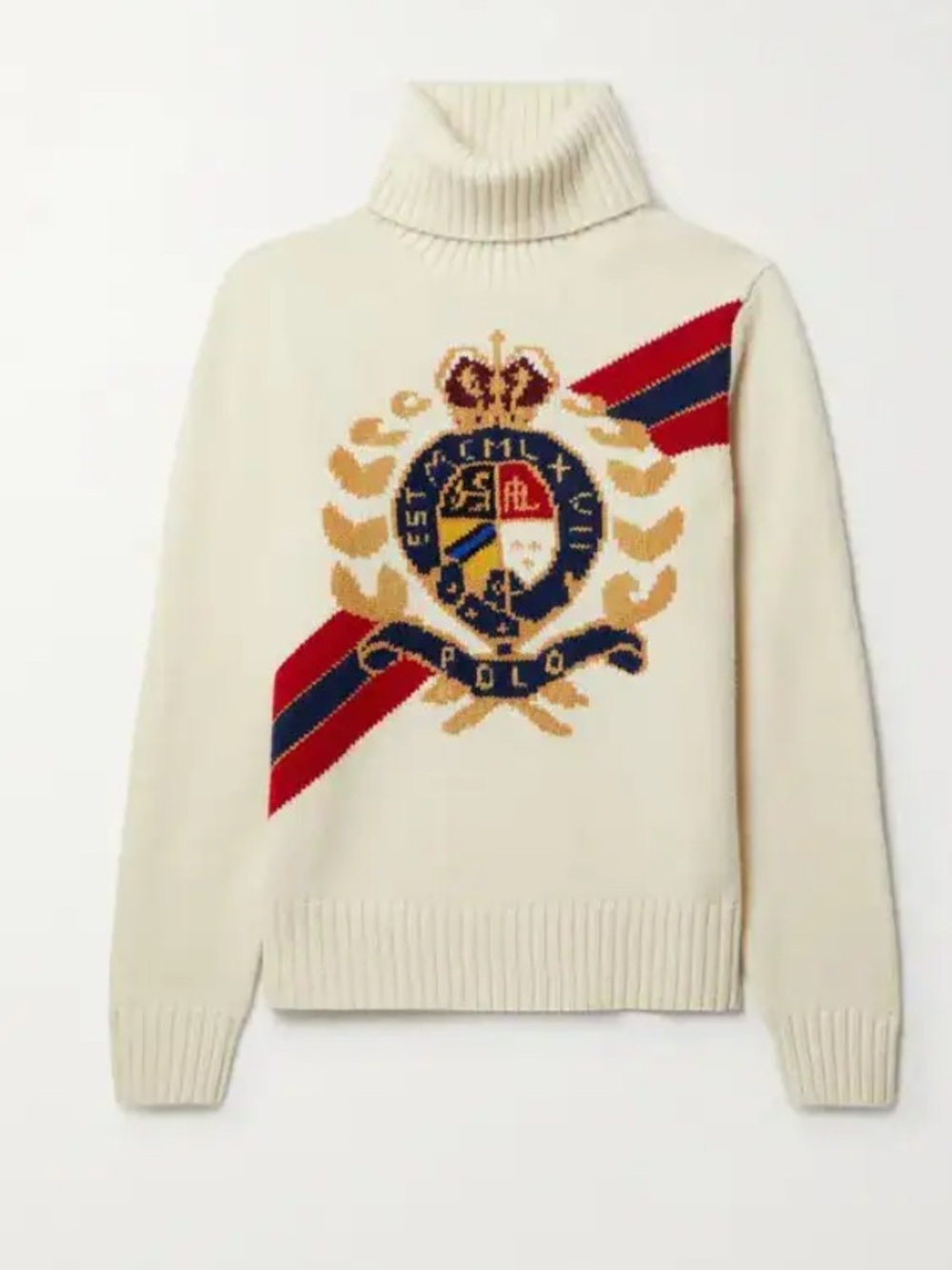 Polo Ralph Lauren CreamRed Intarsia Crest Wool Preppy Turtleneck Sweater XXL NWT - Picture 5 of 16
